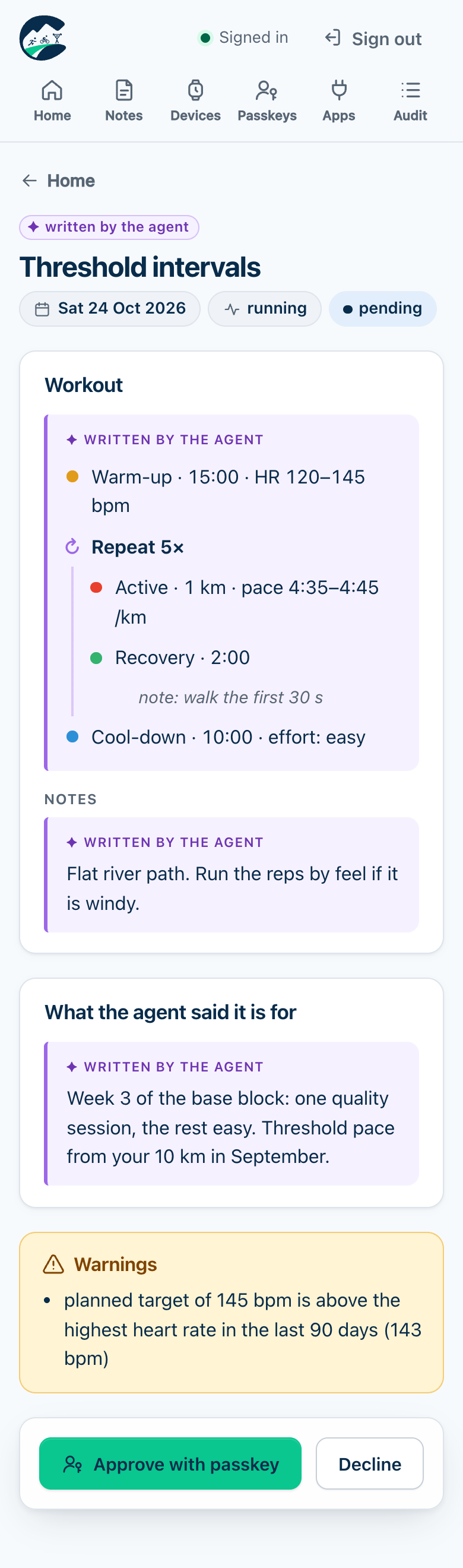 Approval page on a phone: an agent-proposed threshold workout with its steps, the agent's reason, a warning, and the Approve with passkey button