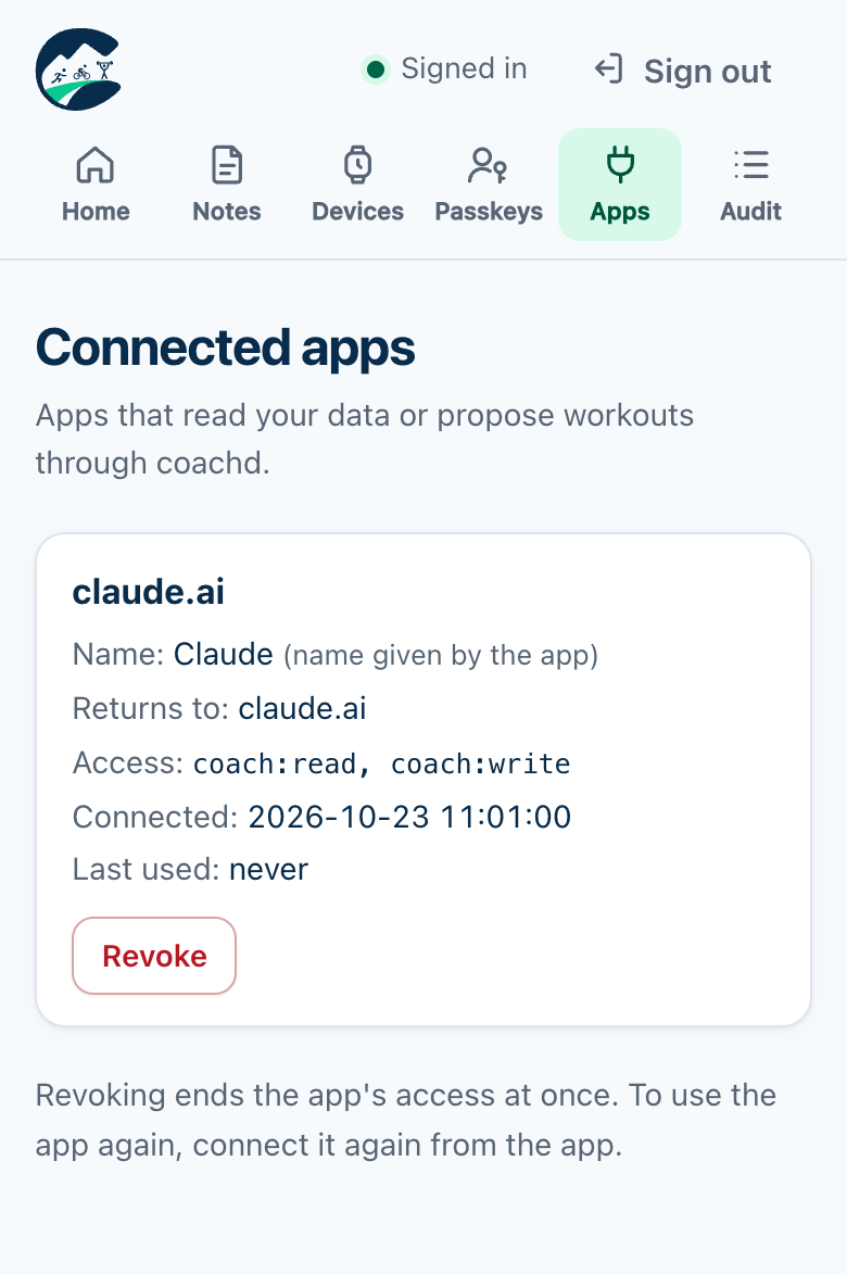 Connected apps page on a phone: each app with its access, when it connected and a Revoke button