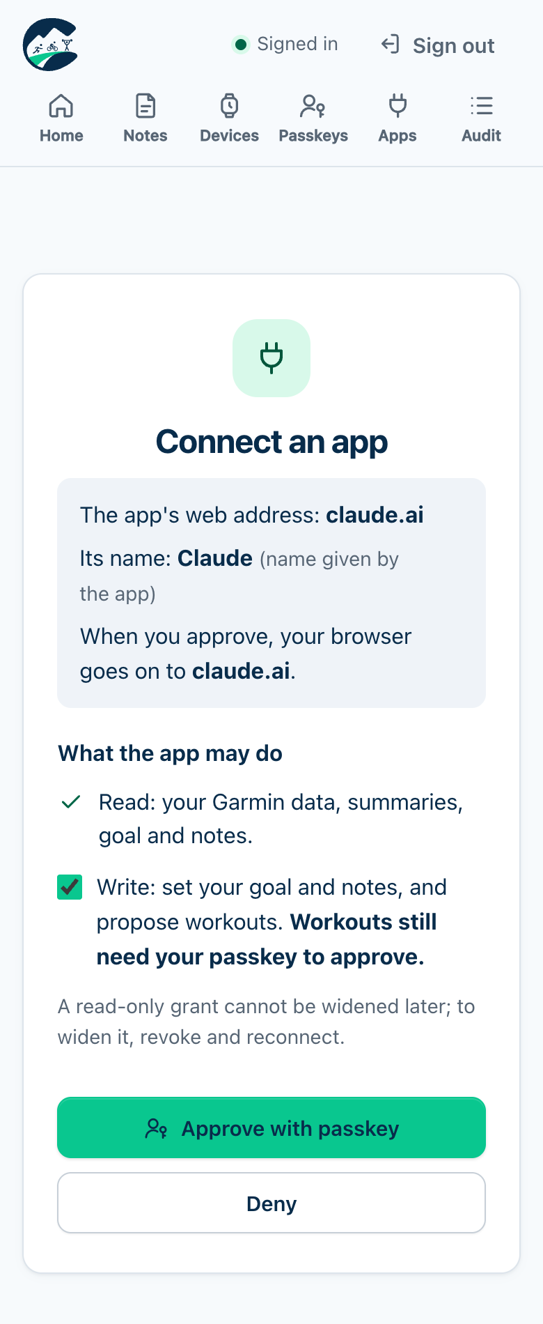 Connect an app page: Claude asks for access, showing its web address, where the browser returns and what the app may do
